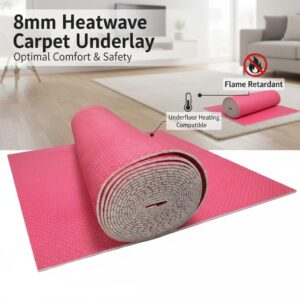 IMPERIAL STUDIOS 8mm Heatwave Carpet Underlay, Pink, Flame Retardant, Underfloor Heating Compatible, PU Foam