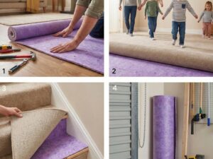 Carpet Underlay 12mm Thick PU Foam - 15m² Coverage - Non-Slip Gripper Underlay for Carpet Floors - Sound & Thermal Insulation - Durable Cushioned Carpet Underlayment – Purple/Blue