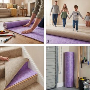 Carpet Underlay 12mm Thick PU Foam - 15m² Coverage - Non-Slip Gripper Underlay for Carpet Floors - Sound & Thermal Insulation - Durable Cushioned Carpet Underlayment – Purple/Blue